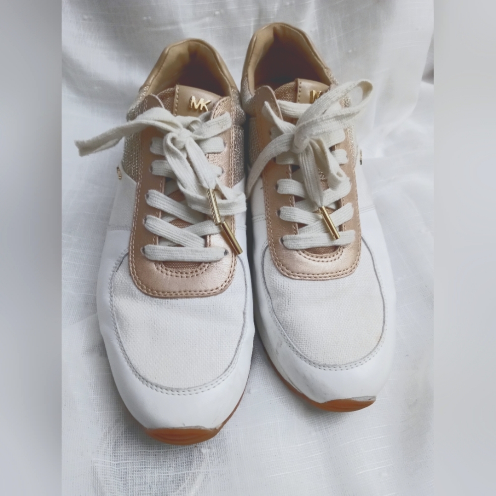 MICHAEL KORS Allie Stride Leather and Glitter Chain-Mesh Trainer